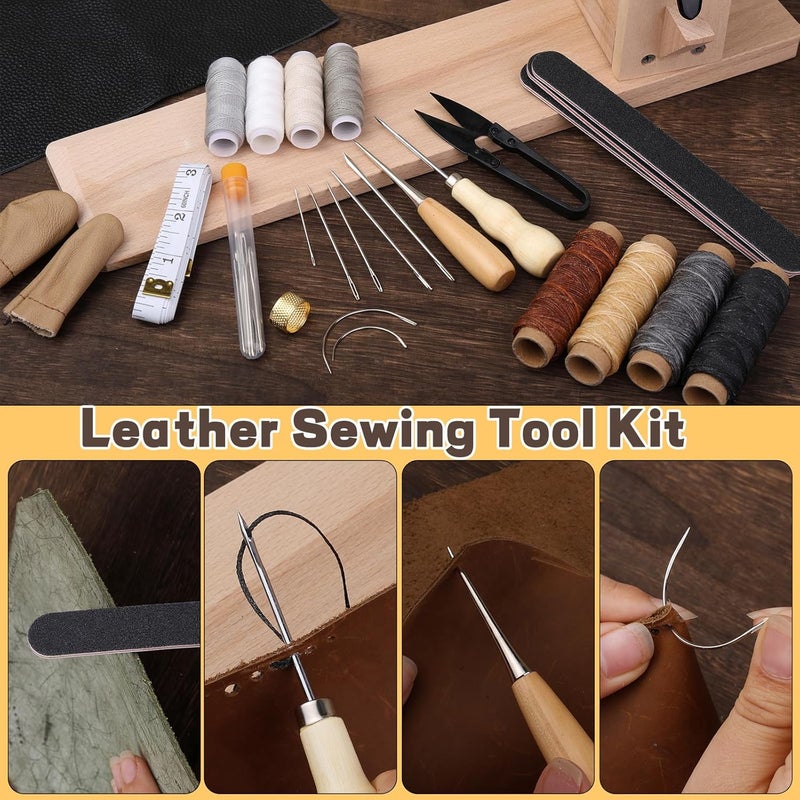 LUNARM Leather Stitching Pony - Leather Pony Clamp Table Desktop Pony Horse Clamp with Large Eye Sewing Needles Waxed Thread Sewing Thread Awls Nail Files for DIY Leather Hand Stitching - Image 5